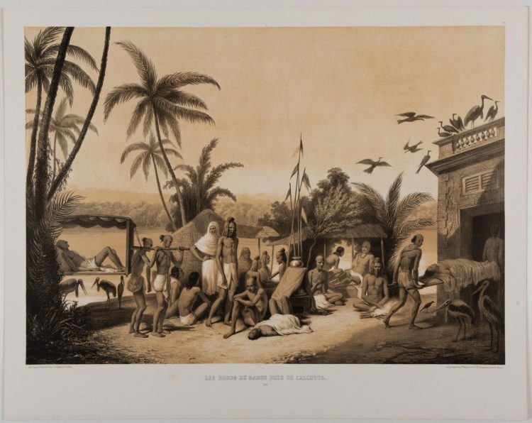 Alexis Soltykoff (1806-1859), Voyage dans l'Inde, Les bords du Gange près de Calcutta, 1842.. Lithographie de Rudder, publiée par Auguste Bry. Hors marges : H : 48;5 cm L : 69 cm, feuille : H : 59,5 cm L : 75,5 cm. Estimation : 300 euros - 500 euros.