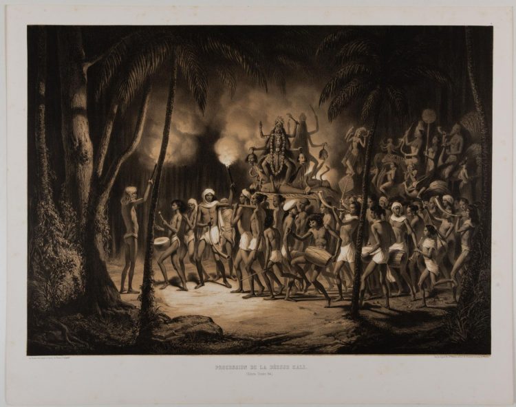 Alexis Soltykoff (1806-1859), Voyage dans l'Inde, Procession de la déesse Kali, Calcutta, octobre 1841. Lithographie de Rudder, publiée par Auguste Bry. Hors marges : H : 49,2 cm L_69,2 cm, feuille : H : 59,5 cm L : 75,5 cm. Estimation : 400 euros - 600 euros. 