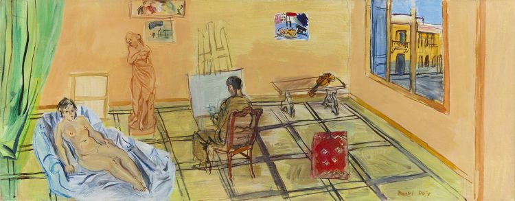 Raoul Dufy, L’Atelier de la rue Jeanne-d’Arc, 1942, huile sur toile, 37,5 × 95,5 cm. Adjugée 120 900 euros (frais inclus) lors d’une vente dirigée par Christophe Joron-Derem le 25 novembre à Perpignan. Préemptée par la ville de Perpignan pour le musée Hyacinthe-Rigaud.