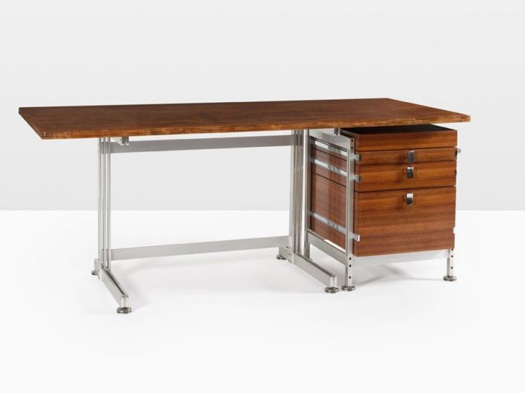 Jules Wabbes (1919-1974), Table bureau et son caisson, Placage de bois et lames d’aluminium mat, Modèle créé vers 1960, Bureau H 76 × L 180 × P 80 cm ; Caisson H 68 × L 47 × P 58 cm.