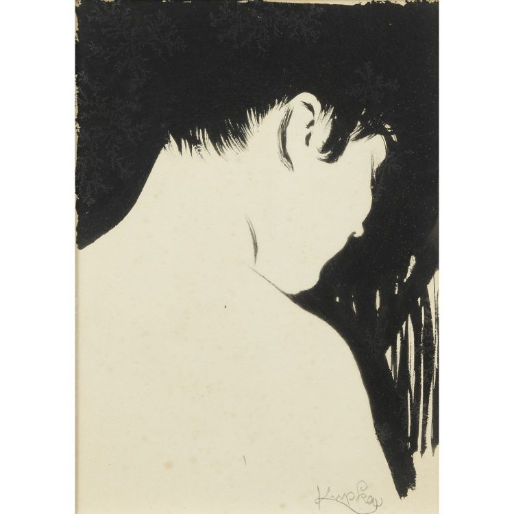 František KUPKA (1871-1957) Buste de femme de dos, vers 1905 Encre de Chine sur papier Signé en bas à droite Cachet de la signature au dos sur le papier de montage India ink on paper; signed lower right; signature stamp on the reverse on the mounting paper 21 x 15 cm