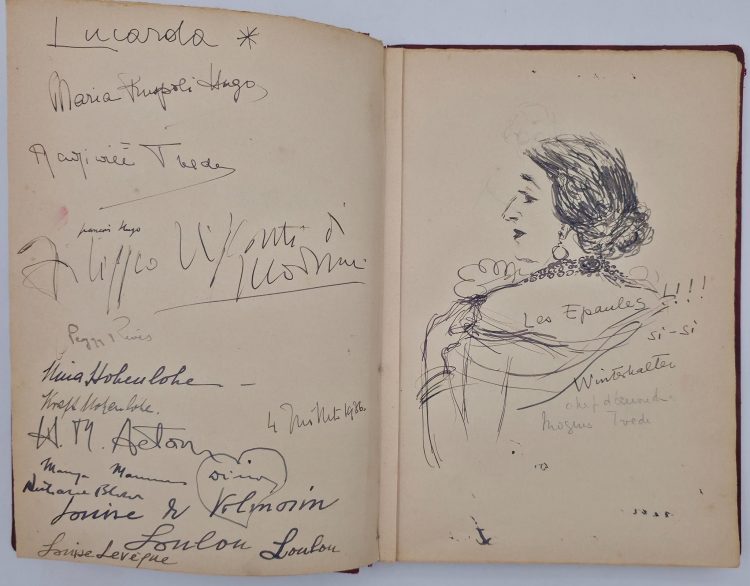 Réunion de deux livres d’or accueillant les signatures, dédicaces, caricature et croquis des convives de 1929 à 1986 reçus successivement par Elizabeth Ridgway, comtesse de Breteuil puis princesse Chavchavadze, sa fille Hélène, puis son petit-fils Jacques Peltzer à Vincigliata et vraisemblablement une propriété à Gambais. Le premier relié en plein, plat frappé à l'or du titre Vincigliata, le second à l'imitation d'un maroquin avec ferrure et clef à riche décor doré au petit fer et portant l'inscription Livre d'Or. 28,5 x 20,5 cm et 28 x 22 cm. Pour les deux, état d'usage, accidents, pages vierges. Provenance : Conservé dans la famille depuis l'origine puis succession de Jacques Peltzer. Estimation : 800 euros - 1 500 euros.