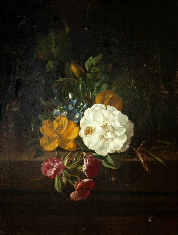 Rachel RUYSCH (La Haye 1664 - Amsterdam 1750) Roses, millepertuis, œillet, fausse-gentiane et pavot sur le point d'éclore sur un entablement avec des insectes Toile marouflée sur panneau Hauteur : 33 cm Largeur : 25,5 cm Signé en bas à droite "Rachel Ruysch" ("Rachel" est probablement renforcé)