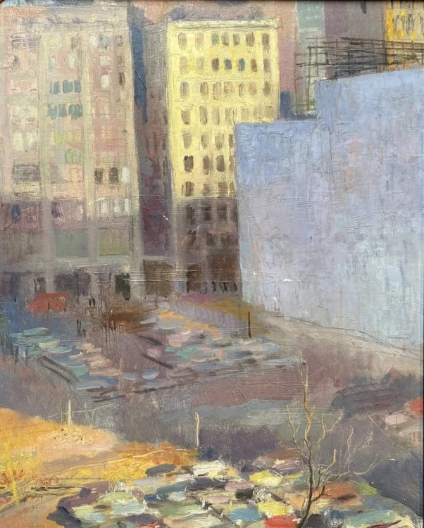 Olga Dormandi, Jeux de lumières : Les murs de New York, vers 1950, huile sur carton. L'œuvre présente de légères usures ainsi qu'un manque dans le bord supérieur gauche. Dimensions à vue : 39 × 31 cm. Encadrée.