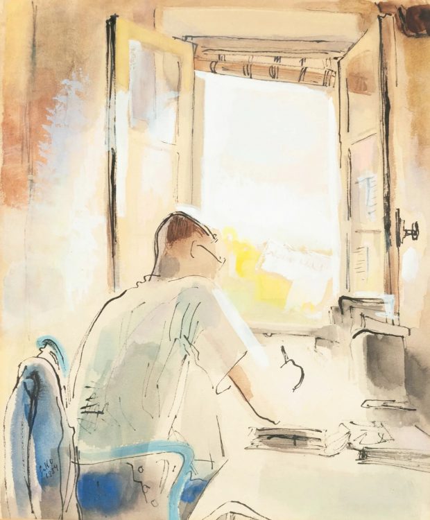 Olga Dormandi, Depuis la fenêtre, 1954, encre et gouache sur papier, signée et datée en bas à gauche. Présence de taches. Dimensions : 37 × 29 cm. Encadrée.