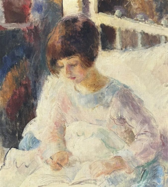 Olga Dormandi, L’écriture, vers 1935, huile sur toile monogrammée en bas à droite. L'œuvre présente quelques usures et petits manques. Cachet au dos de la toile. Dimensions : 70 × 65 cm. Encadrée.